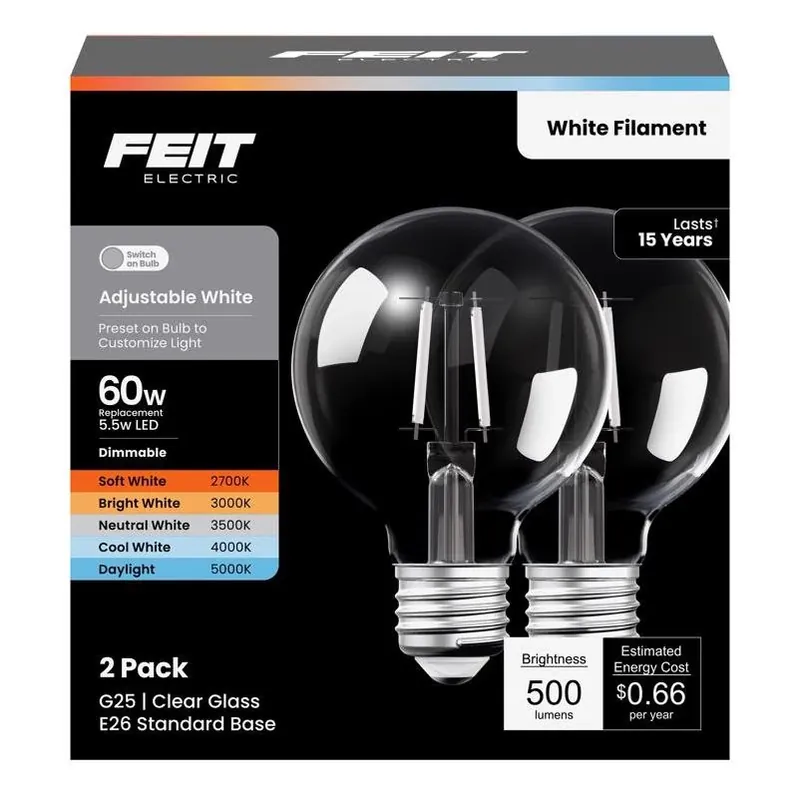 Feit Adjustable White LED G25 Bulb – 60W Equivalent, Dimmable, Pack Of 2