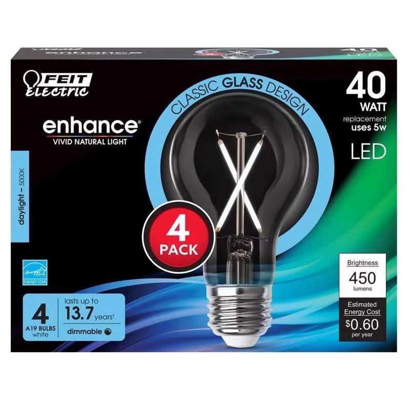 Feit Electric 40W Equivalent Dimmable A19 Clear Filament LED Bulb – E26 Base