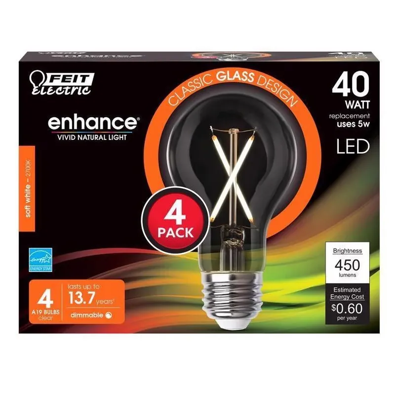 Feit Enhance 5W A19 Filament LED Bulb – Soft White 2700K, Dimmable, 40W Equivalent (4‑Pack)