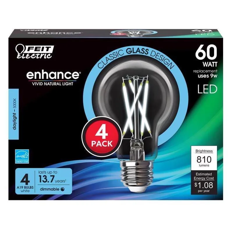 Feit Electric 4‑Filament Dimmable LED A19 Bulb – 60W Equivalent, Clear E26 Base