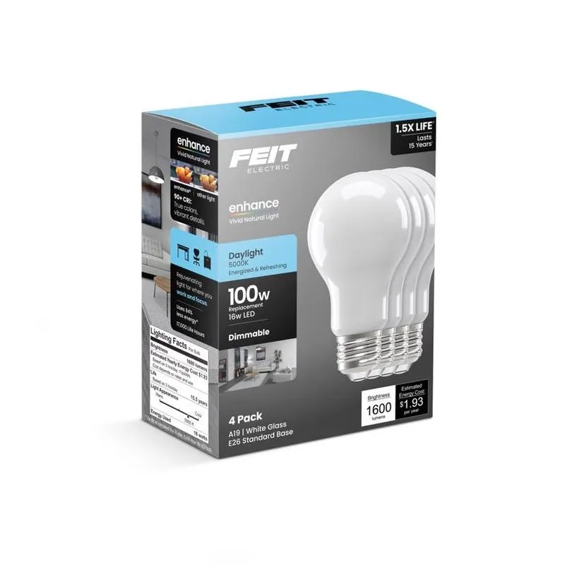 Feit 4‑Pack A19 LED Daylight Bulb – 16W, 100W Equivalent, Dimmable, 5000K