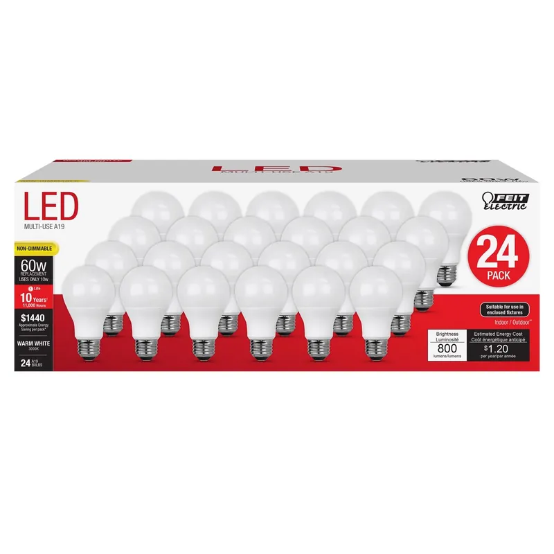 Feit A19 E26 (Medium) LED Bulb Soft White 60 Watt Equivalence 24 Pk