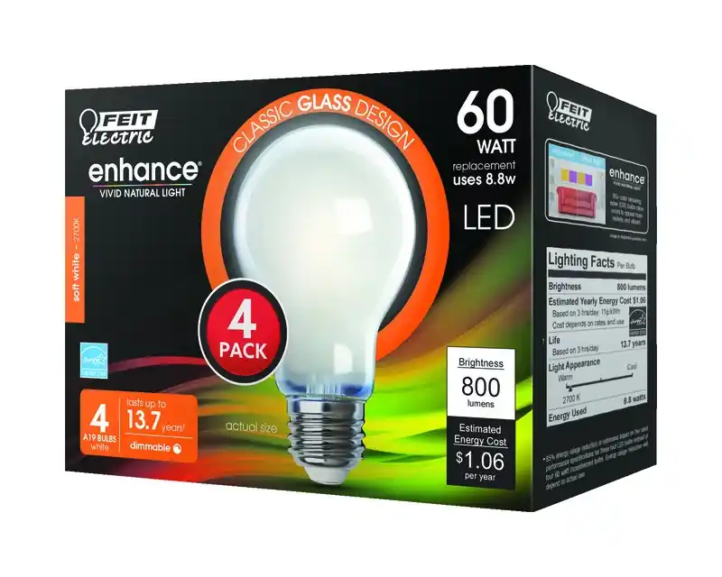 FEIT Electric Enhance A19 E26 (Medium) LED Bulb Soft White 60 Watt Equivalence 4 Pk