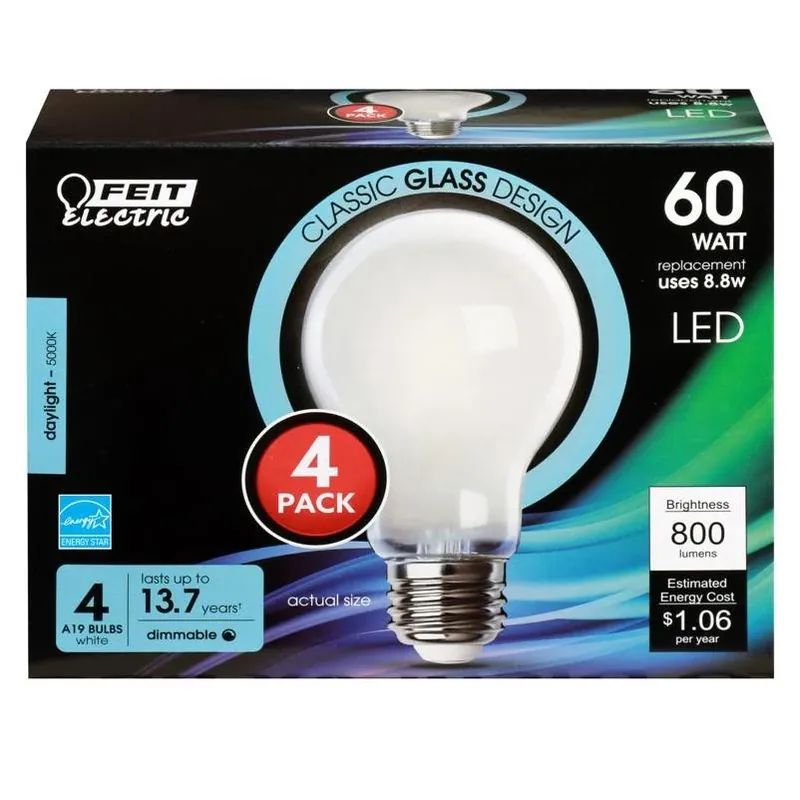 Feit Enhance 4‑Pack A19 Daylight LED Bulb – 60W Equivalent, 5000K, Dimmable
