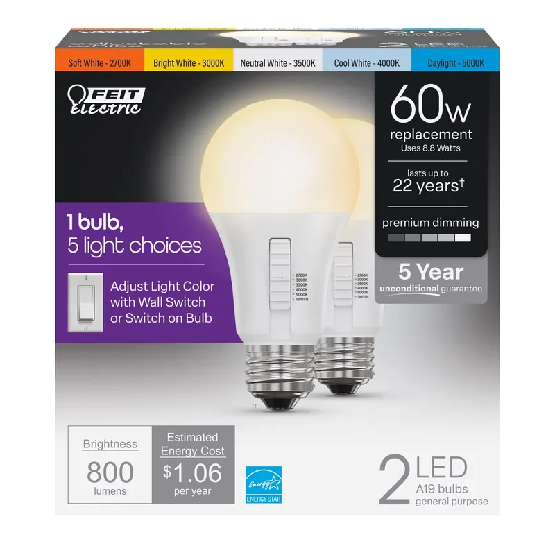 Feit A19 E26 (Medium) LED Bulb Adjustable White 60 Watt Equivalence 2 Pk