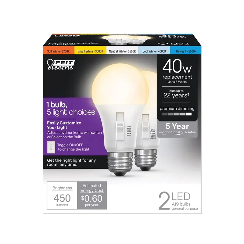 Feit A19 E26 (Medium) LED Bulb Adjustable White 40 Watt Equivalence 2 Pk