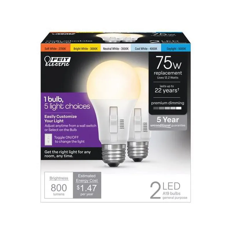 Feit A19 E26 (Medium) LED Bulb Adjustable White 75 Watt Equivalence 2 Pk