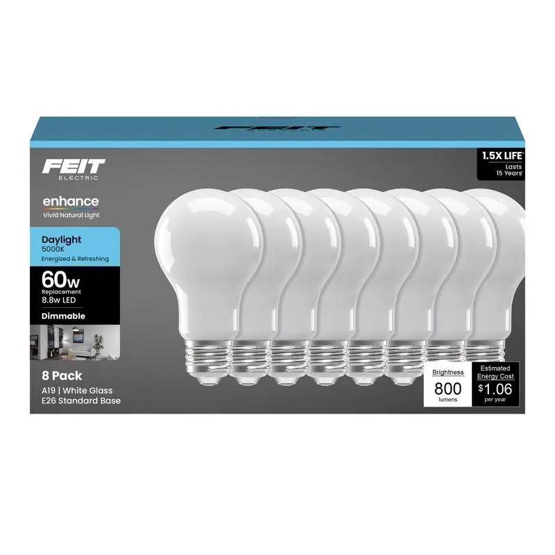 Feit A19 E26 (Medium) LED Bulb Daylight 60 Watt Equivalence 8 Pk