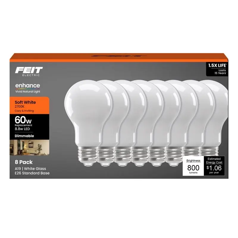 Feit A19 E26 (Medium) LED Bulb Soft White 60 Watt Equivalence 8 Pk
