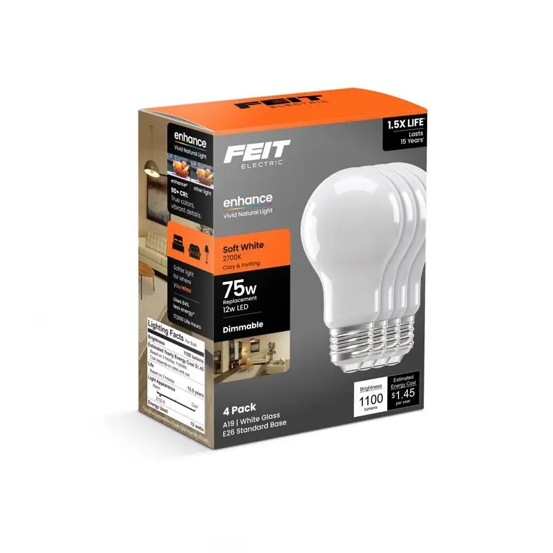 Feit A19 E26 (Medium) LED Bulb Soft White 75 Watt Equivalence 4 Pk