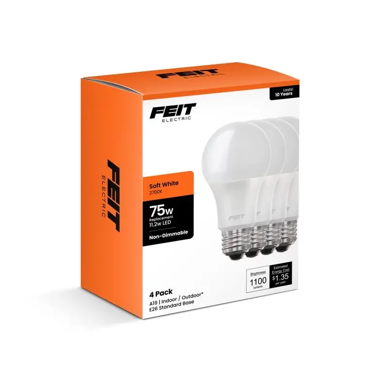 Feit A19 E26 (Medium) LED Bulb Soft White 75 Watt Equivalence 4 Pk