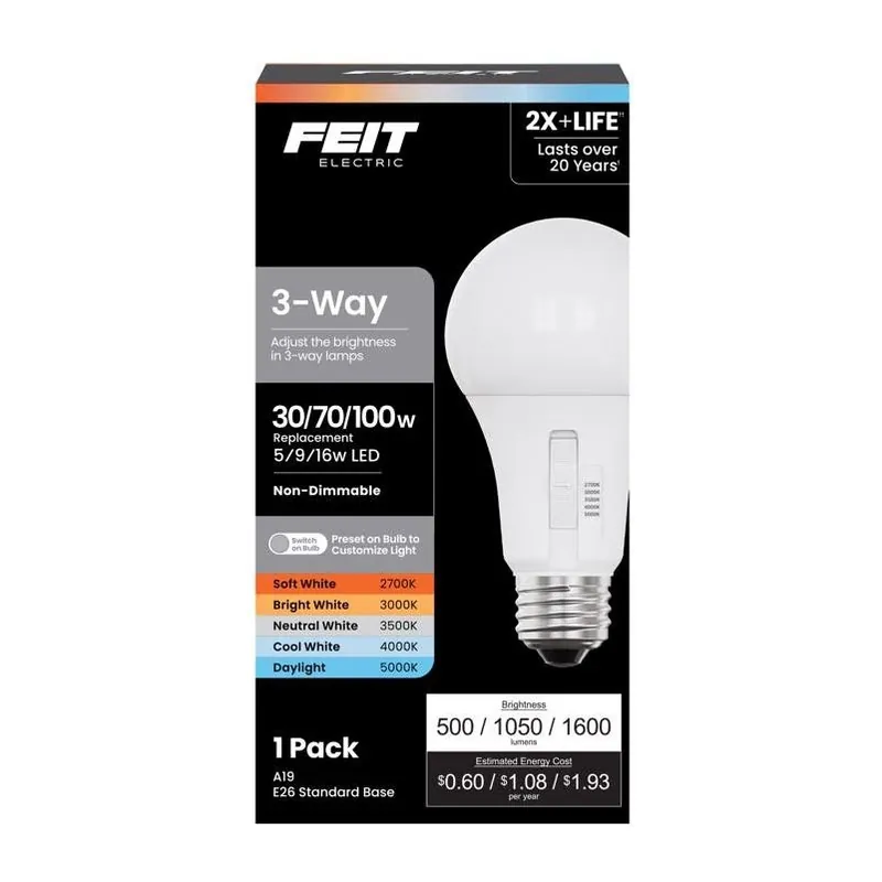 Feit 16W A19 LED Bulb – 100W Equivalent, Adjustable White, 3‑Way, E26 Medium Base (1‑Pack)