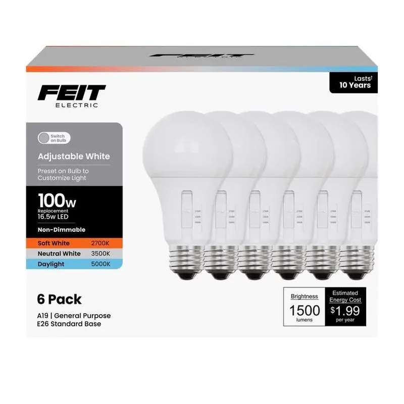 Feit Adjustable White A19 LED Bulb – 6‑Pack, 100W Equivalent