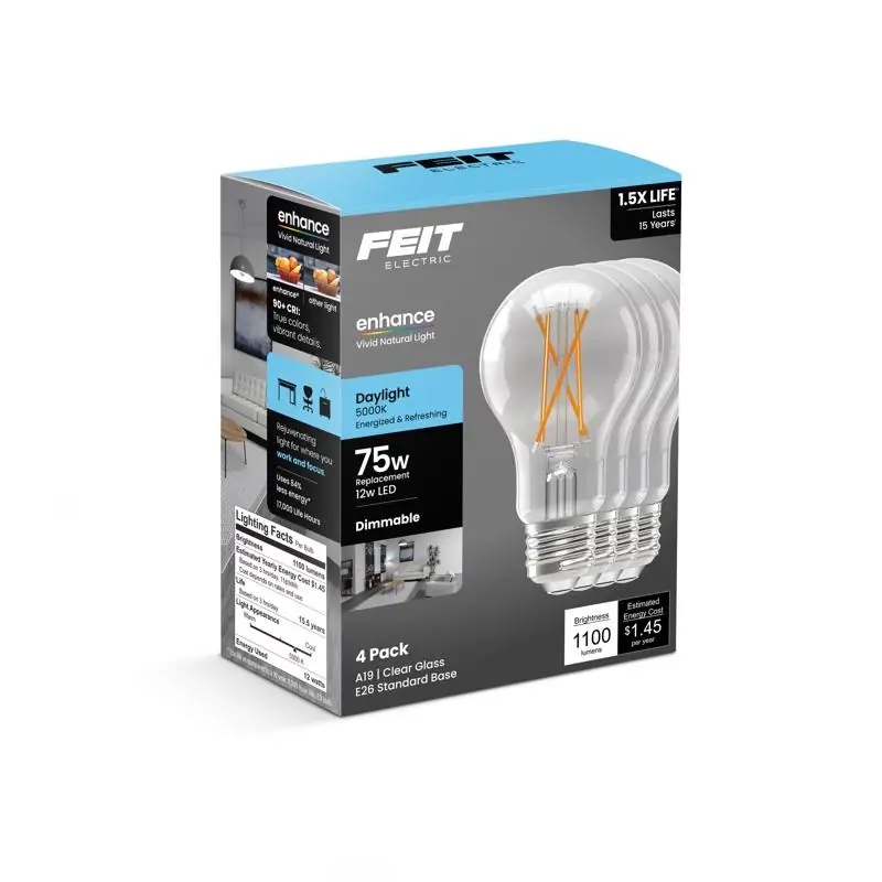 Feit A19 E26 (Medium) Filament LED Bulb Daylight 75 Watt Equivalence 4 Pk