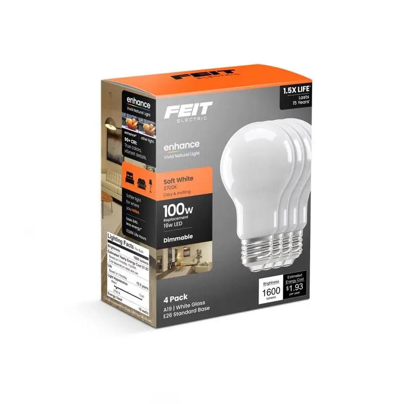 Feit A19 E26 (Medium) LED Bulb Soft White 100 Watt Equivalence 4 Pk