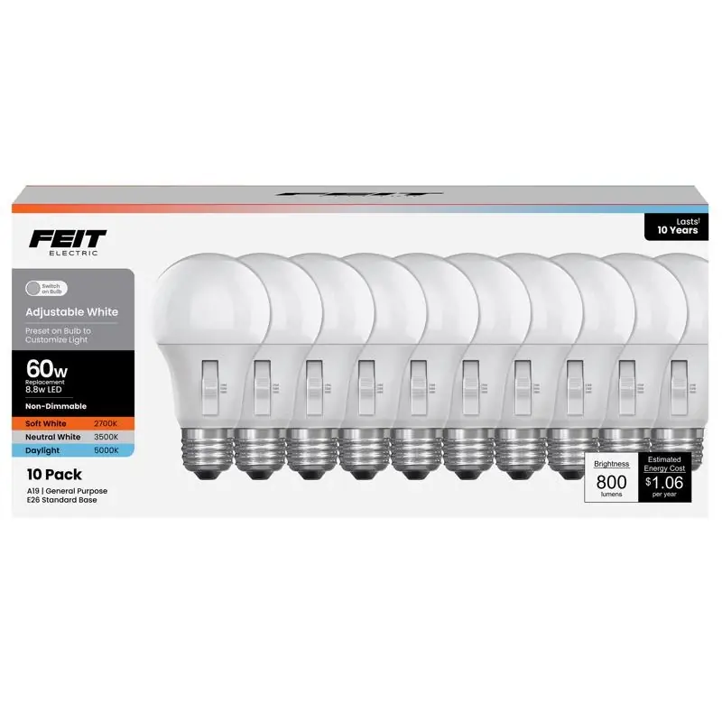 Feit A19 E26 (Medium) LED Bulb Adjustable White 60 Watt Equivalence 10 Pk