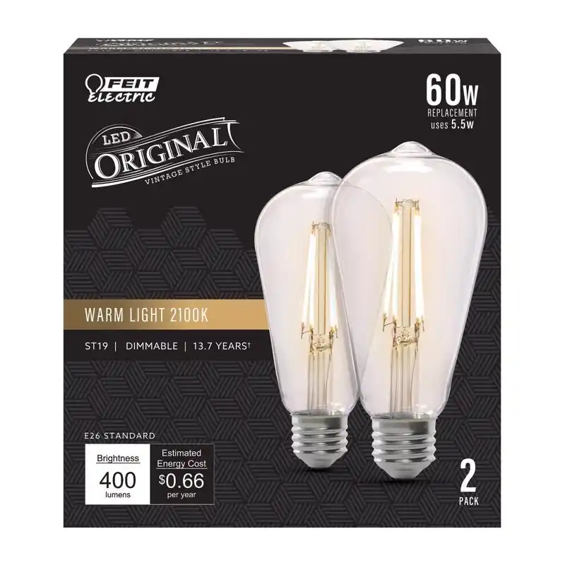 Feit ST19 E26 (Medium) Filament LED Bulb Warm Candle Light 60 Watt Equivalence 2 Pk