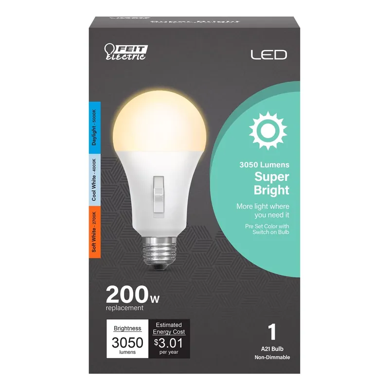 Feit A21 E26 (Medium) LED Bulb Adjustable White 200 Watt Equivalence 1 Pk