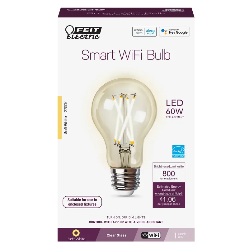 Feit Smart Home A19 E26 (Medium) Smart-Enabled LED Bulb Soft White 60 Watt Equivalence 1 Pk