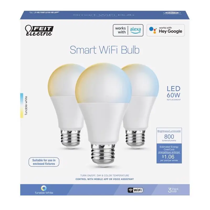 Feit A19 E26 (Medium) Smart-Enabled LED Bulb Tunable White 60 Watt Equivalence 3 Pk