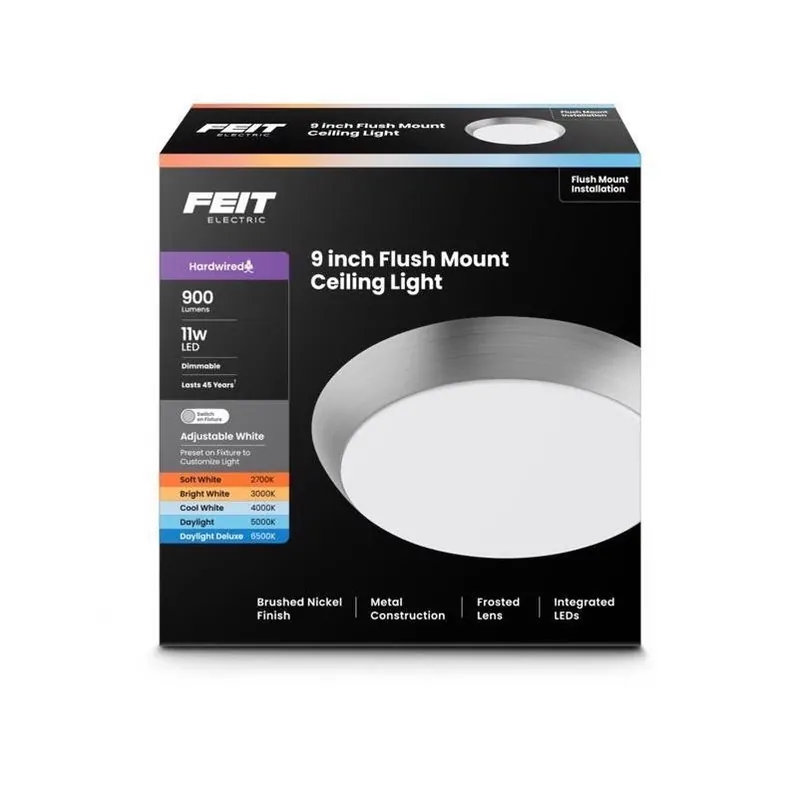 Feit Brushed Nickel 9" X 9" Flush‑Mount Ceiling Light – Dimmable White Fixture