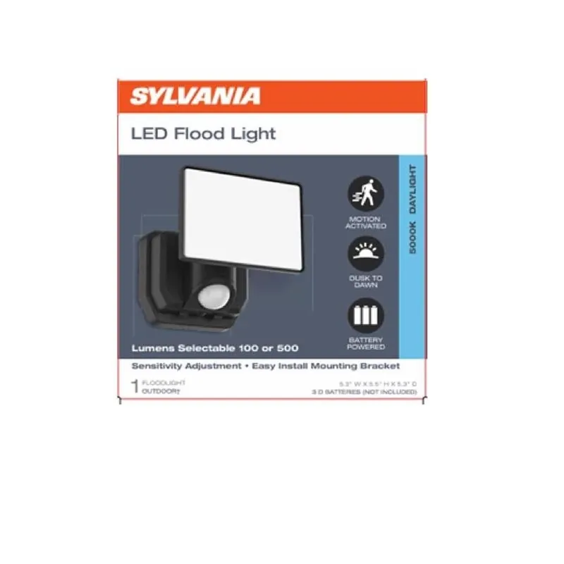 Sylvania Battery‑Operated Motion Sensor LED Floodlight – 500 Lumens, 49‑ft Range, Black