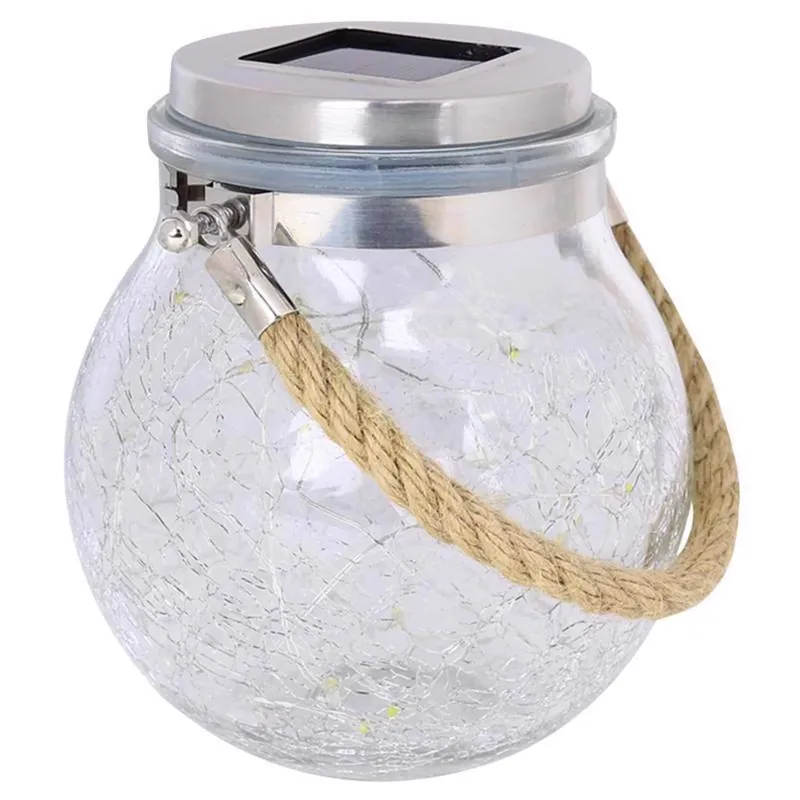 3 In. Solar Power Glass Crackle Jar Lantern With Fairy Lights