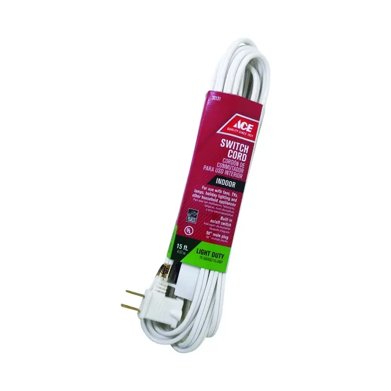 Indoor 15 Ft. White Extension Cord With Switch 16/2 Spt-2 For Household Use