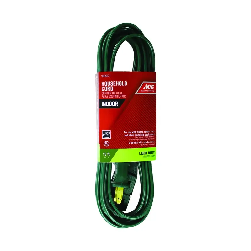 Indoor 15 Ft. Green Extension Cord 16/2 Spt-2 For Household Use