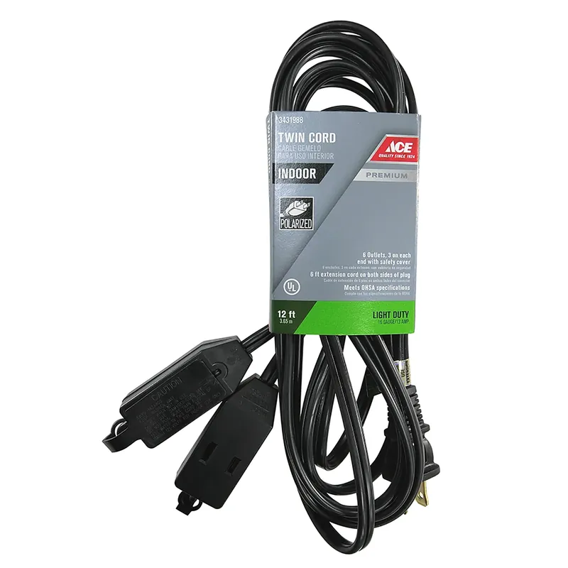 Indoor 12 Ft. Black Extension Cord 16/2 Spt-2 With Triple Tap Female Ends