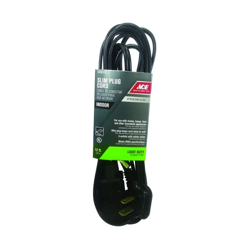 Indoor 12 Ft. Black Extension Cord 16/2 Spt-2 With Cube Tap