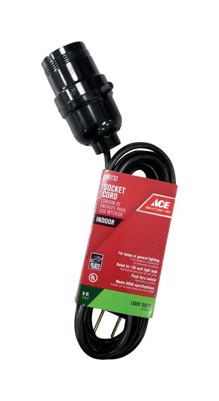 Indoor 9 Ft. L Black Extension Cord With Socket 18/2 Spt-2 For Lighting