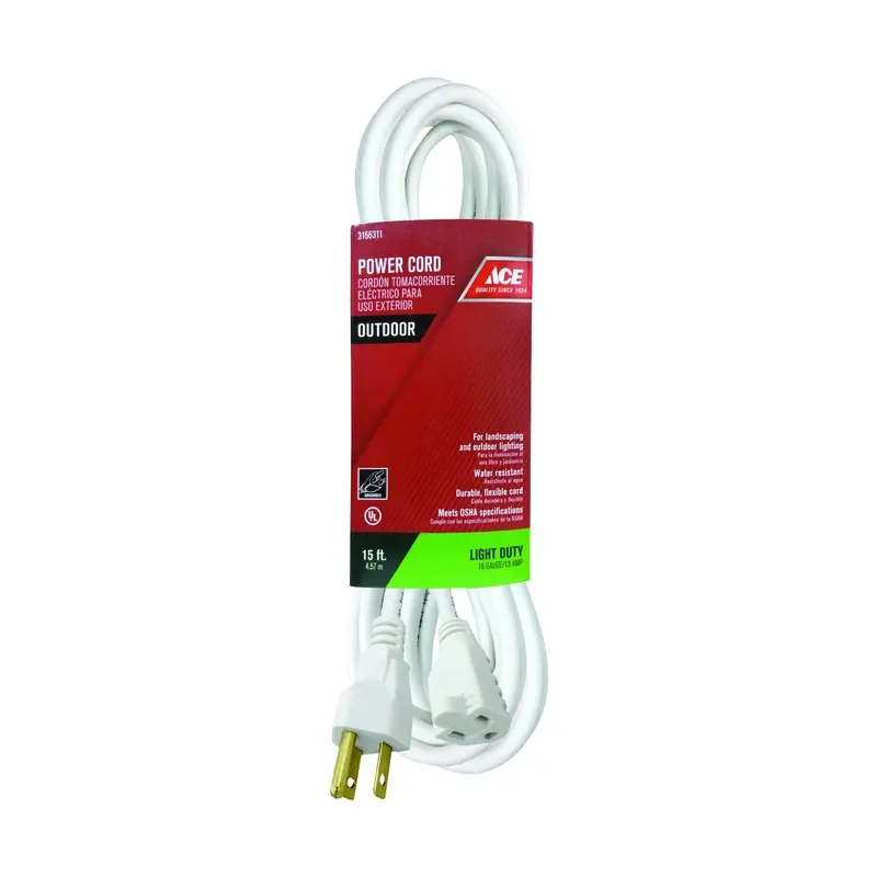 Outdoor 15 Ft. L White Extension Cord 16/3 Sjtw For Landscaping And Holiday Lighting
