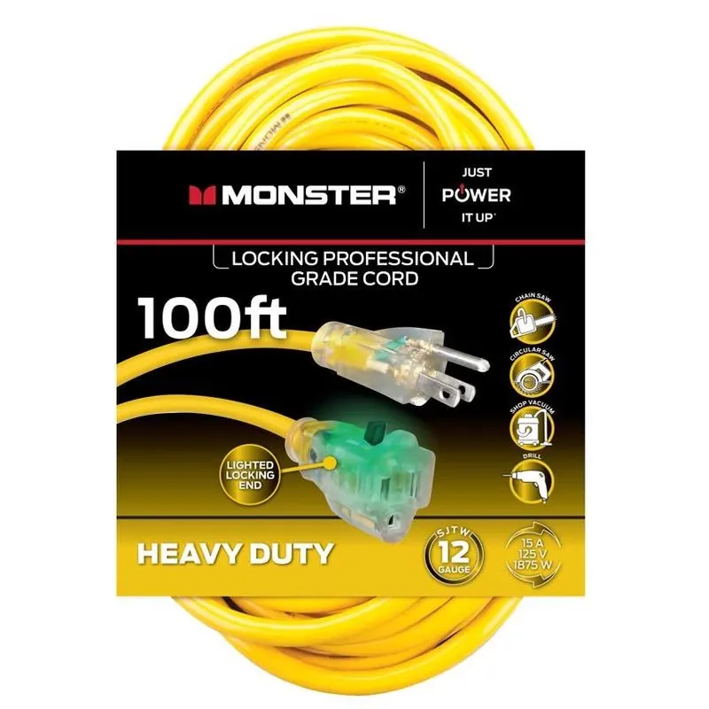 Monster Just Power It Up 100‑Foot Yellow Outdoor Extension Cord – Heavy‑Duty 12/3 SJTW, 15A, 125V