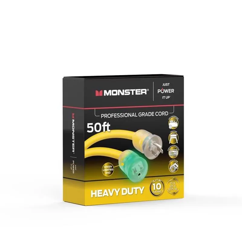 Monster Just Power It Up 50‑Foot Yellow Outdoor Extension Cord – Heavy‑Duty 10‑Gauge, 15A
