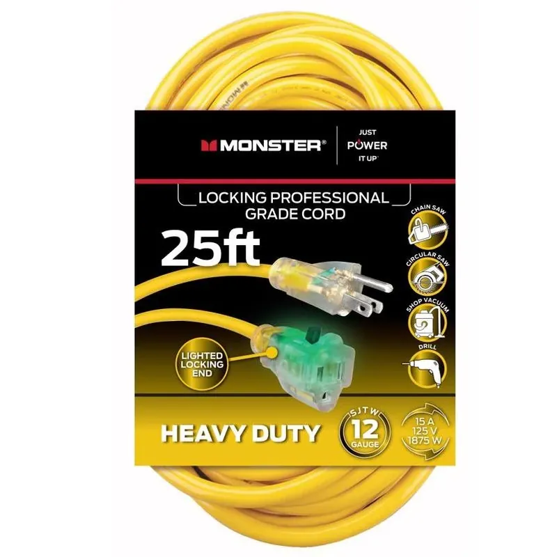 Monster Just Power It Up 25‑Foot Yellow Outdoor Heavy‑Duty Extension Cord – 12/3 SJTW, 15A, 125V