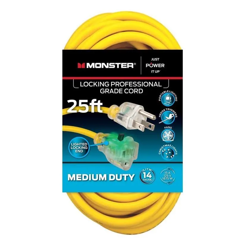 Monster Just Power It Up 25‑Foot Yellow Outdoor Extension Cord – 14/3 SJTW, 15A, 125V