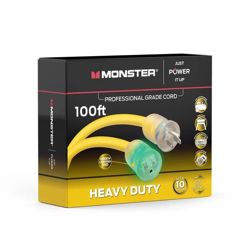 Monster Just Power It Up 100‑ft Heavy‑Duty Yellow Outdoor Extension Cord – 10/3 SJTW