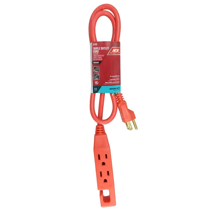 Indoor 3 Ft. L Orange Triple Outlet Cord 14/3 Sjt For Household Use