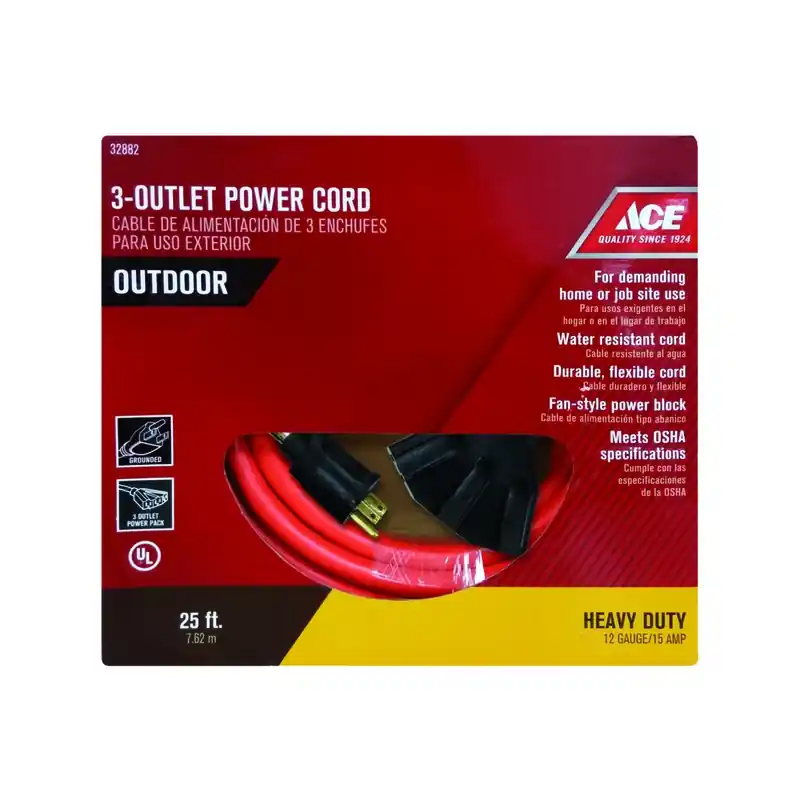 Indoor/outdoor 25 Ft. L Orange Triple Outlet Cord 12/3 Stw Heavy Duty