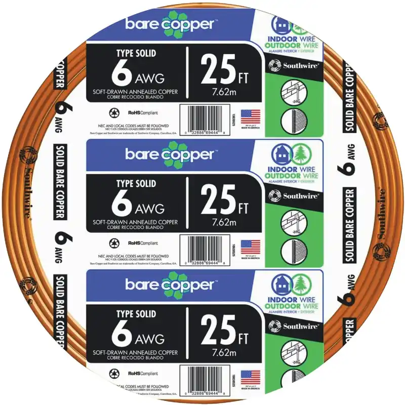 25 Ft. 6awg Solid Bare Copper Ground Electrical Wire
