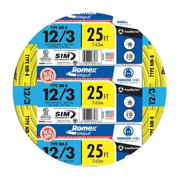 25ft Yellow Non-metallic Building Wire 12/3 Indoor Wire With Ground