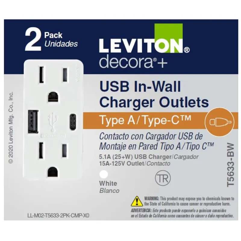 Leviton Decora 15 Amps Type A/C Duplex White Outlet And USB Charger 5-15R 2 Pk