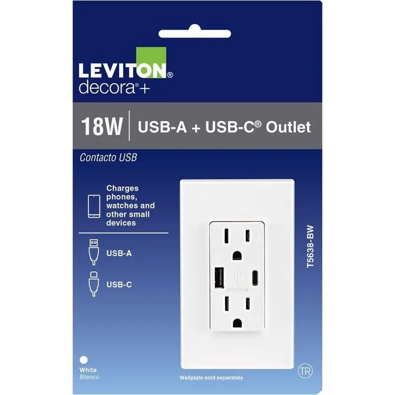 Leviton Decora 15A White Tamper‑Resistant Outlet With Dual Smart USB Charger – 18W Fast Charge