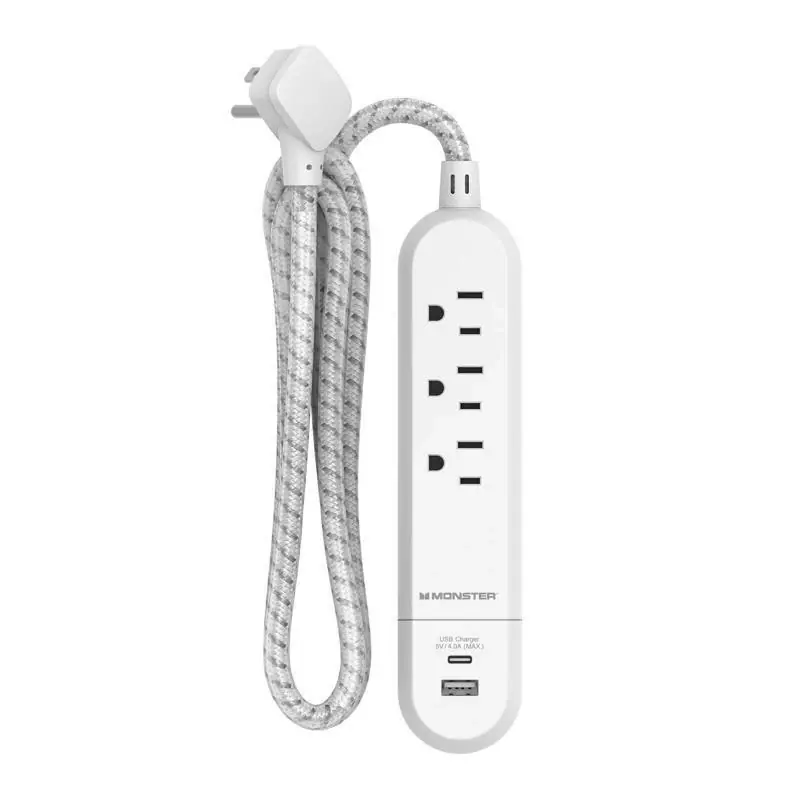 Monster 4 Ft Power Strip With 3 Outlets And Usb Ports White