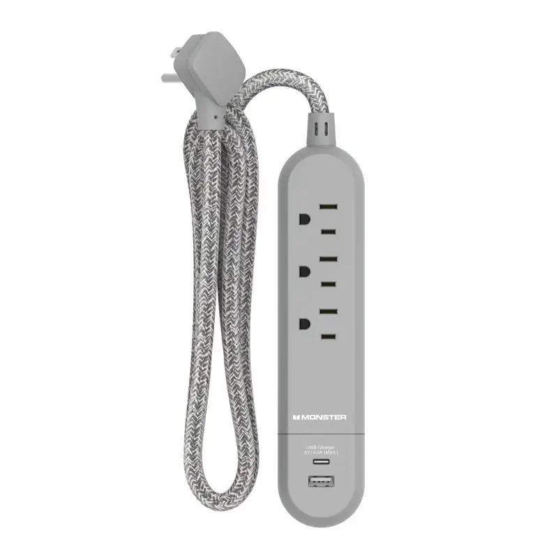 Monster 4 Ft Power Strip With 3 Outlets And Usb Ports Gray