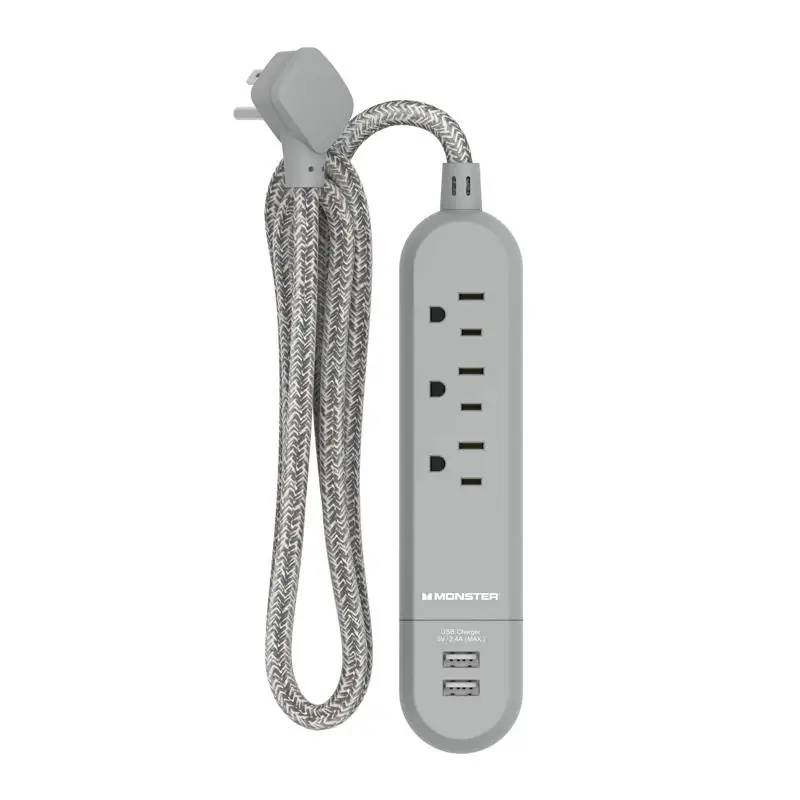 Monster 4 Ft Power Strip With 3 Outlets And Usb Ports, Gray