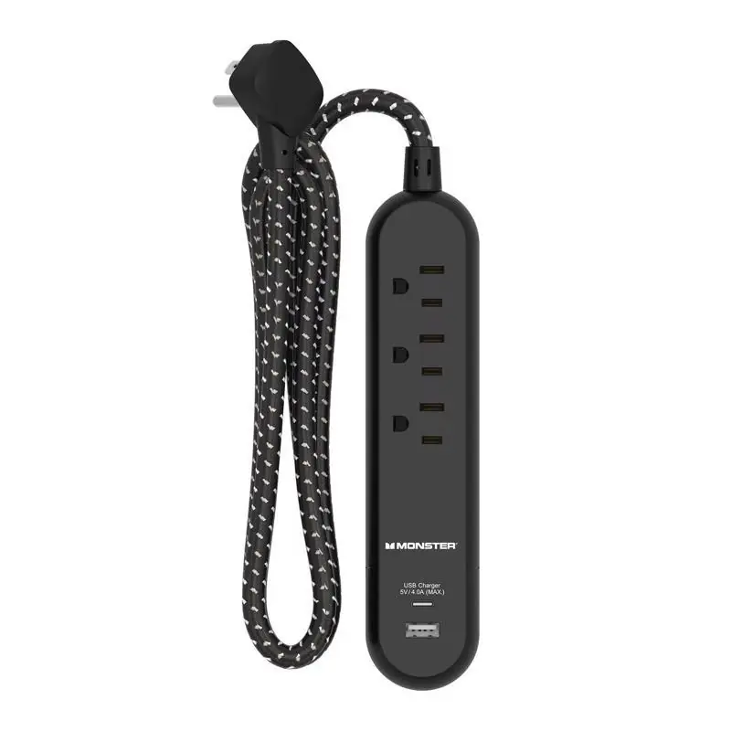 Monster 4 Ft Power Strip With 3 Outlets And Usb Ports Black
