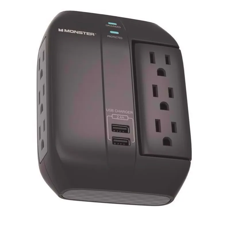 Monster Just Power It Up 6‑Outlet USB Wall Surge Protector – Black, 1200J Protection