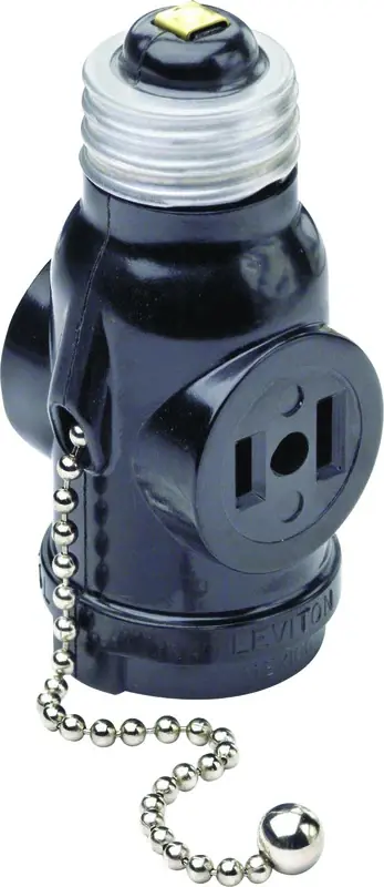 Leviton Plastic Medium Base Lampholder W/Outlet & Pull Chain 1 Pk